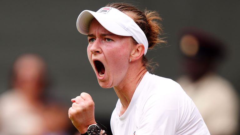 Barbora Krejcikova reacts during her match against Jasmine Paolini in the Ladies Singles final on day thirteen of the 2024 Wimbledon Championships at the All England Lawn Tennis and Croquet Club, London. Picture date: Saturday July 13, 2024.