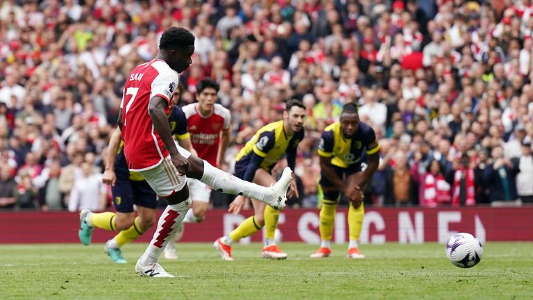 Bukayo Saka scores from the penalty spot