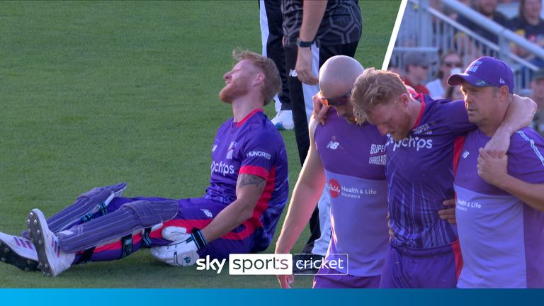 Watch as Ben Stokes is carried off injured during The Hundred with an apparent hamstring injury, just 10 days before England's first test against Sri Lanka.